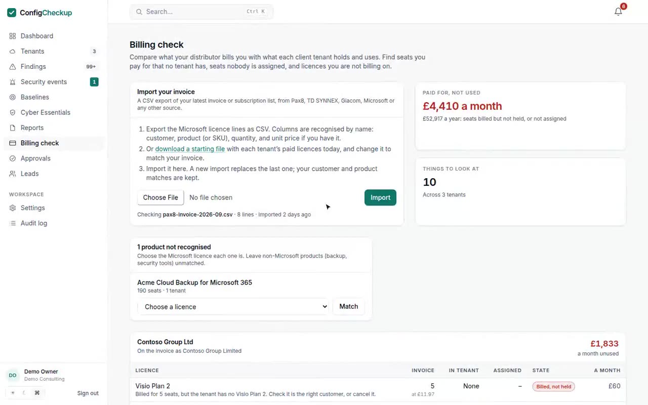The billing check: seats paid for but not used, and each tenant’s licences compared with the invoice
