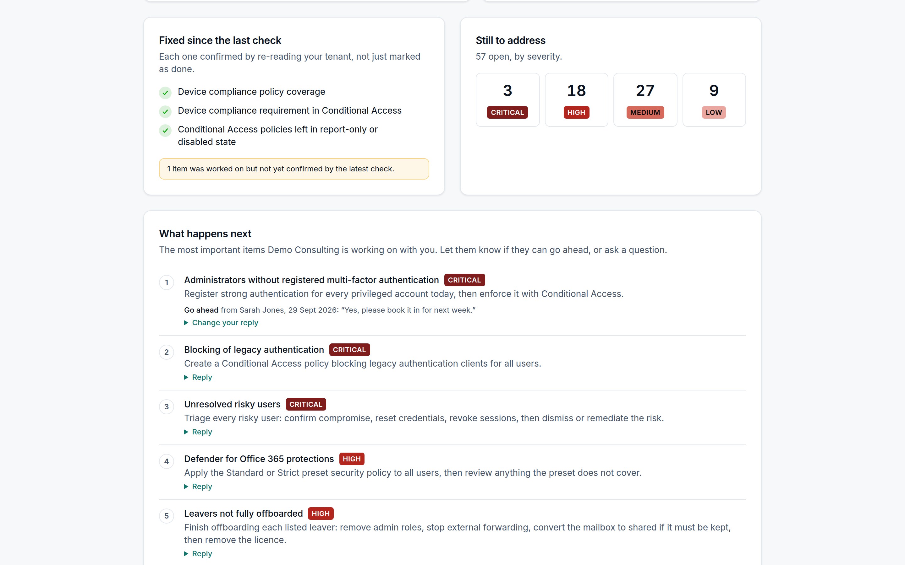 The client portal: a branded, read-only page with the client's score, trend, verified fixes and what is still open