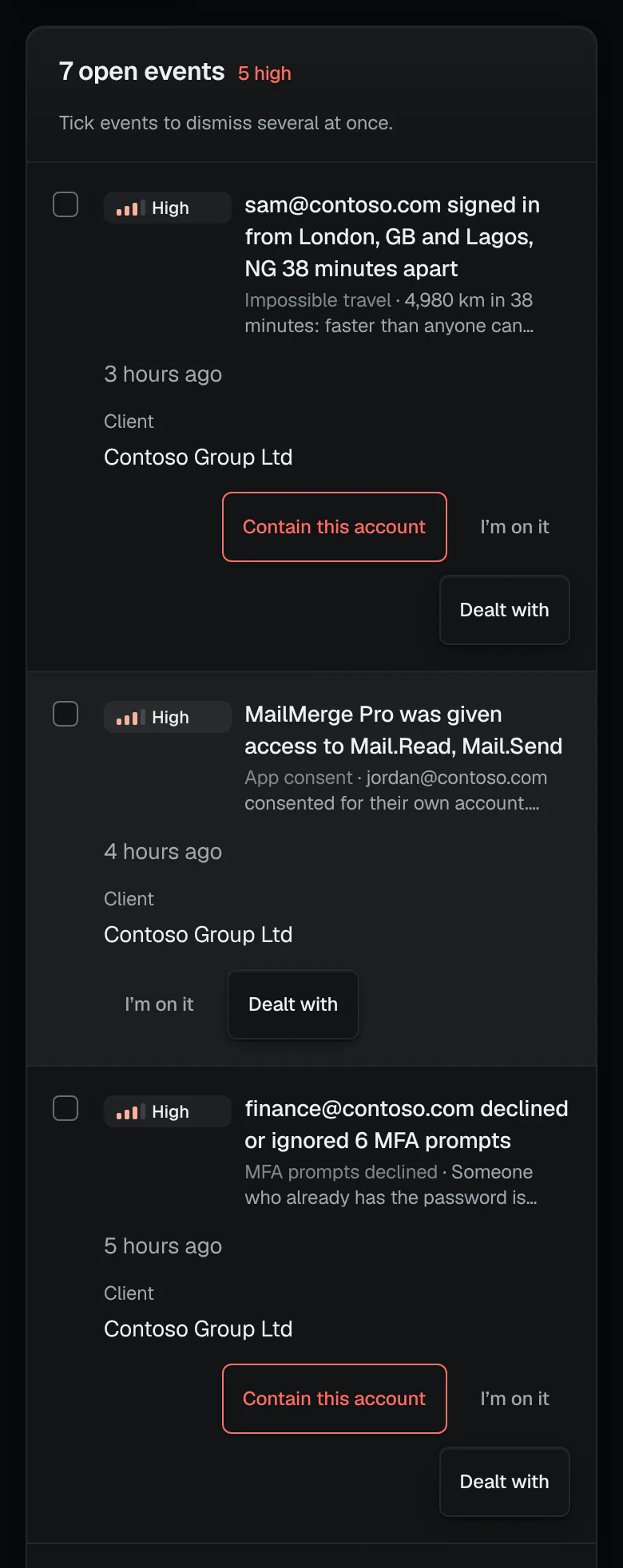 Open security alerts: a sign-in from London and from Lagos too far apart to travel, an app given access to read and send mail, and declined MFA prompts, each marked high and naming the client.