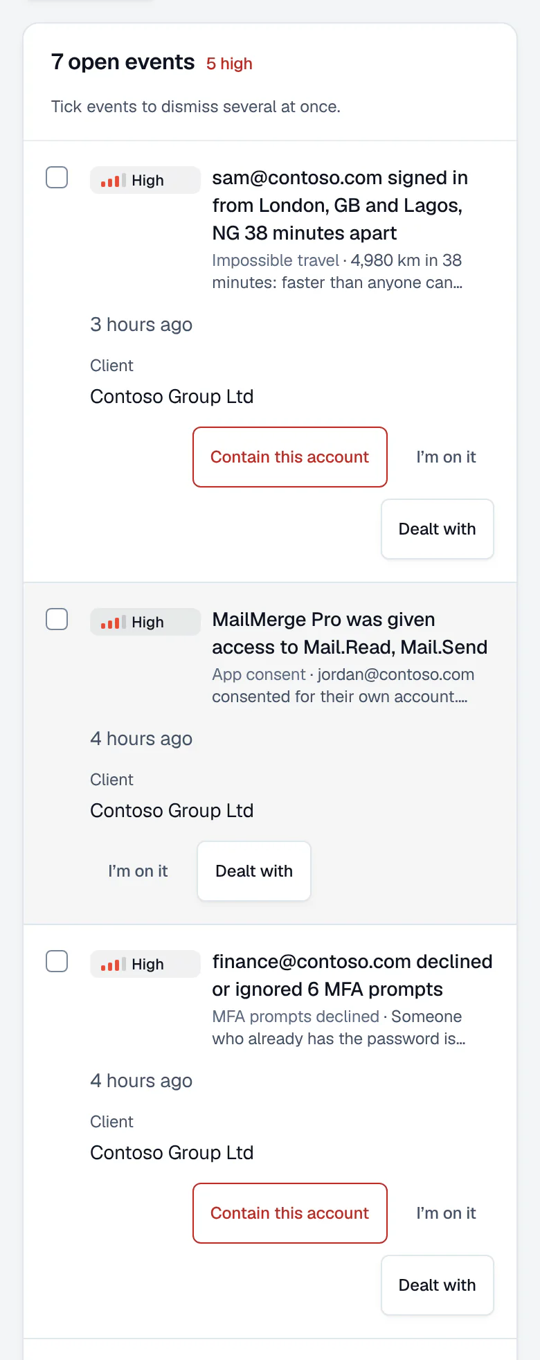 Open security alerts: a sign-in from London and from Lagos too far apart to travel, an app given access to read and send mail, and declined MFA prompts, each marked high and naming the client.