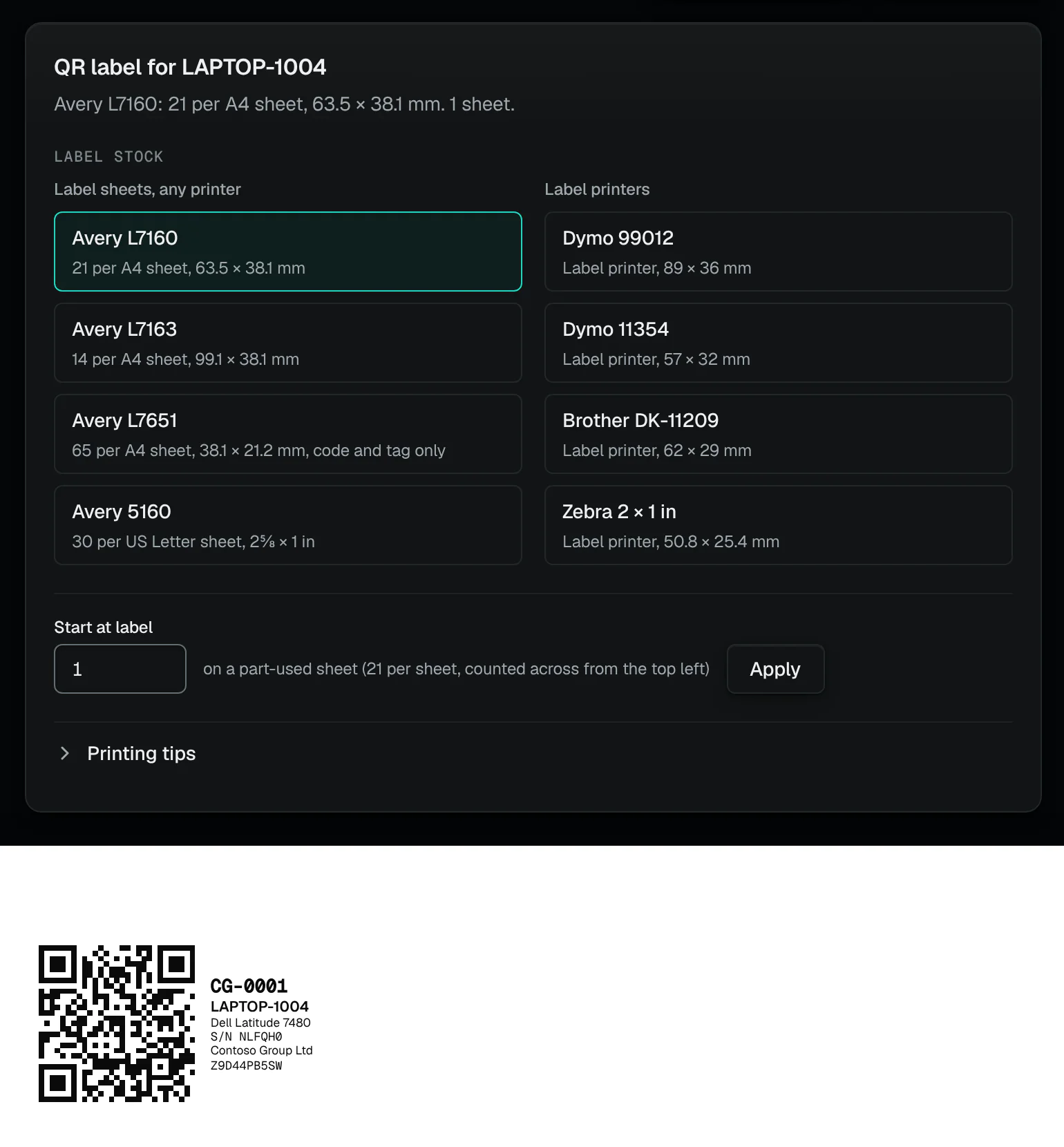 Printing a QR label for LAPTOP-1004: the label stock to print on (Avery sheets, Dymo, Brother and Zebra label printers) and the first label, with its QR code, tag CG-0001, name, model and serial number.