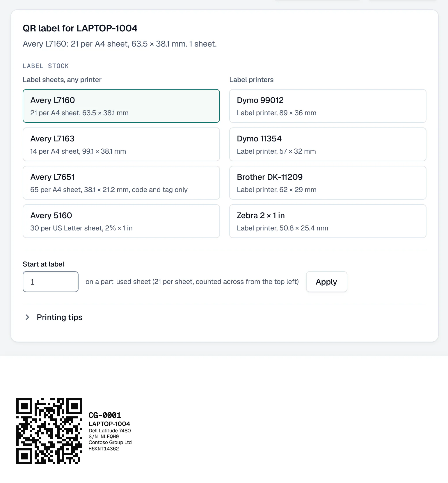 Printing a QR label for LAPTOP-1004: the label stock to print on (Avery sheets, Dymo, Brother and Zebra label printers) and the first label, with its QR code, tag CG-0001, name, model and serial number.