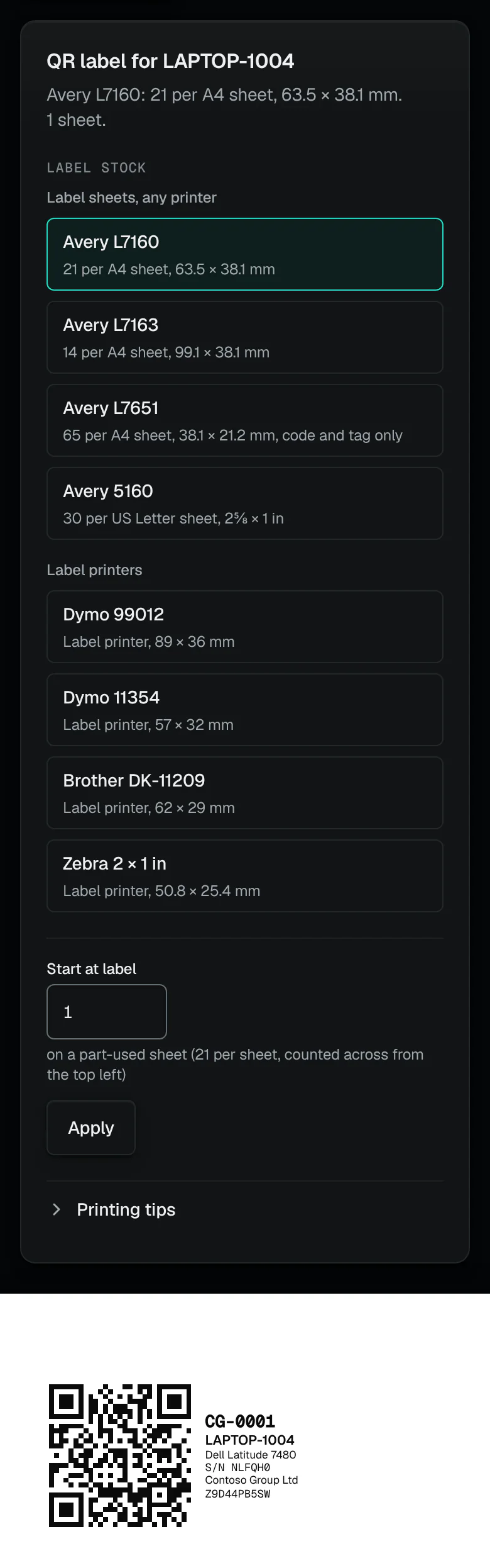 Printing a QR label for LAPTOP-1004: the label stock to print on (Avery sheets, Dymo, Brother and Zebra label printers) and the first label, with its QR code, tag CG-0001, name, model and serial number.