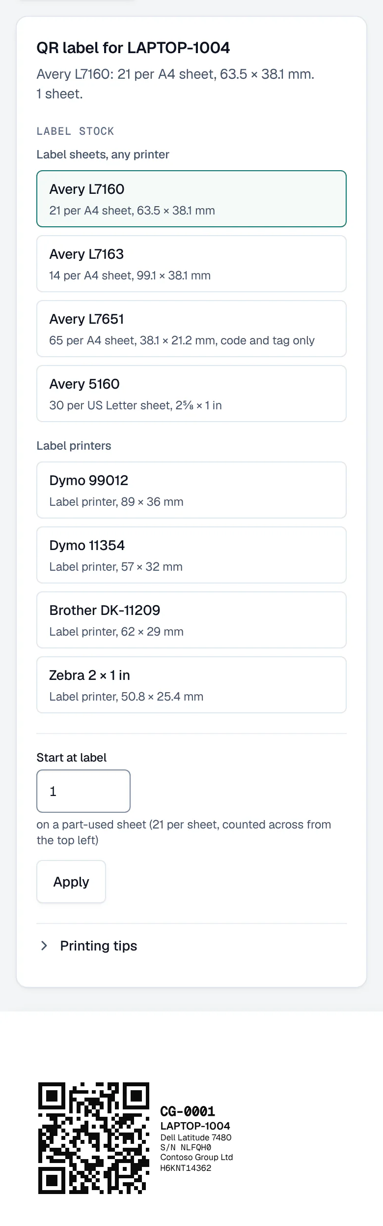 Printing a QR label for LAPTOP-1004: the label stock to print on (Avery sheets, Dymo, Brother and Zebra label printers) and the first label, with its QR code, tag CG-0001, name, model and serial number.