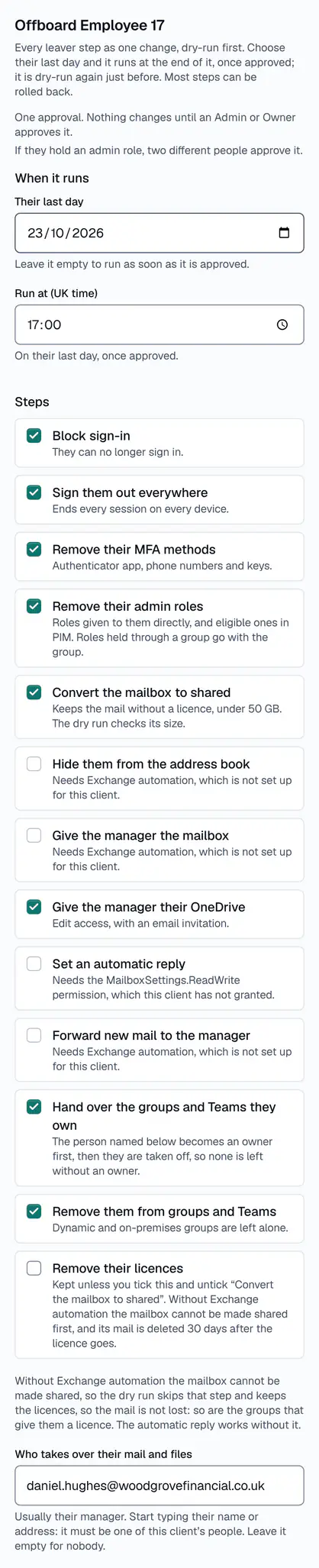 Offboarding Employee 17 at Woodgrove Financial: their last day and the time it runs, the leaver steps ticked (block sign-in, sign out everywhere, remove MFA methods and admin roles, convert the mailbox, give the manager their OneDrive, hand over and remove groups), the steps that need Exchange automation left unticked, and who takes over their mail and files.