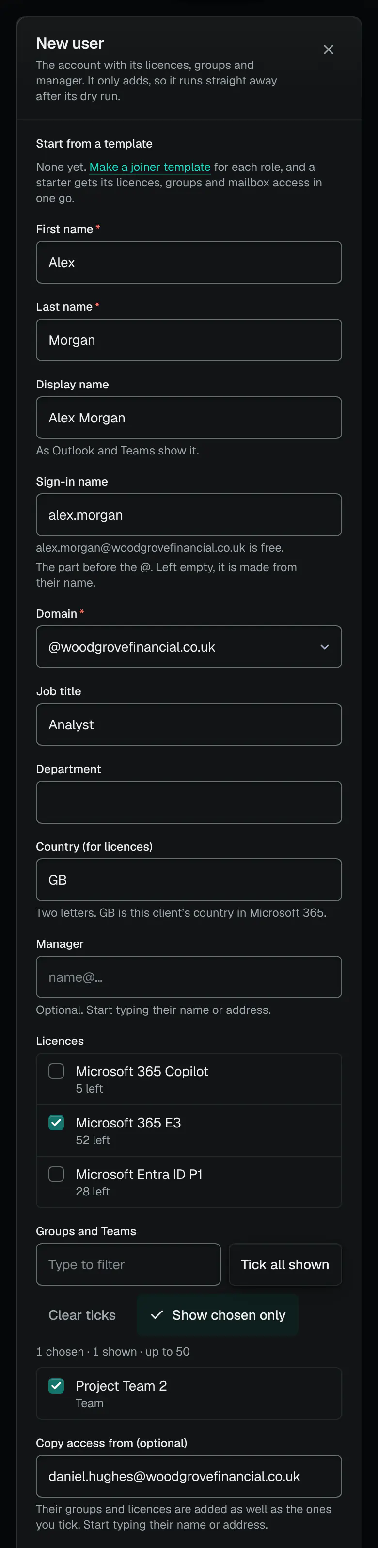The New user panel for a Woodgrove Financial starter, Alex Morgan: name, sign-in name, domain, job title and country, a Microsoft 365 E3 licence ticked, one team chosen, and access copied from a colleague. It only adds, so it runs straight away after its dry run.