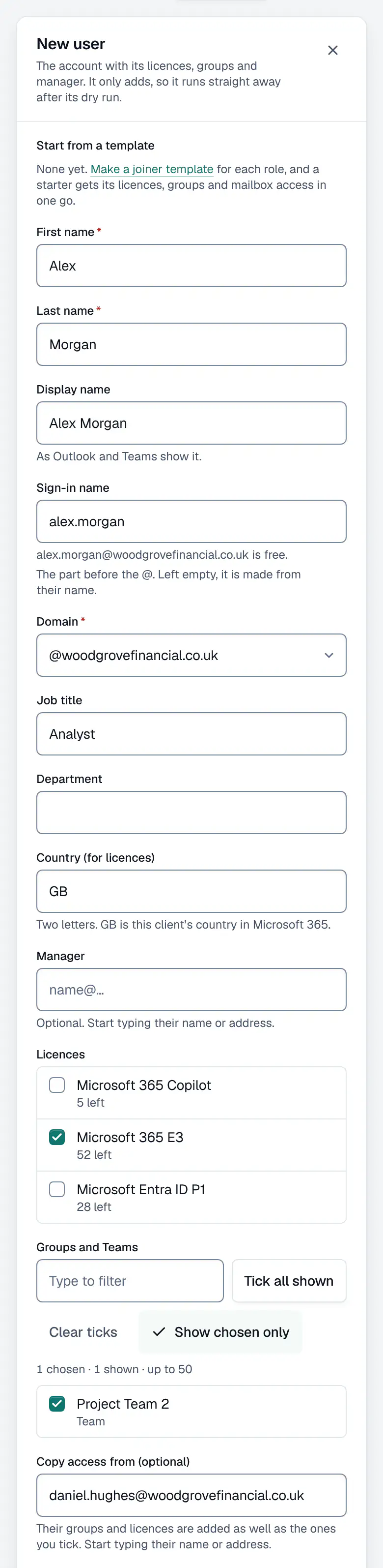The New user panel for a Woodgrove Financial starter, Alex Morgan: name, sign-in name, domain, job title and country, a Microsoft 365 E3 licence ticked, one team chosen, and access copied from a colleague. It only adds, so it runs straight away after its dry run.