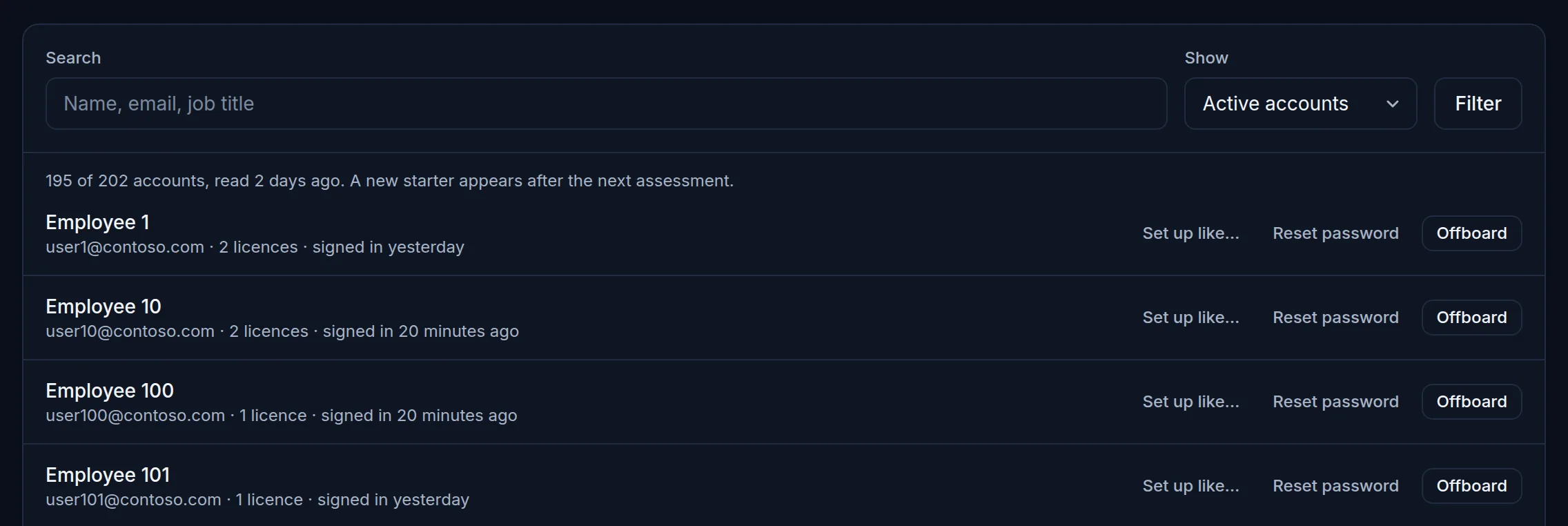 People in a client tenant, each with the actions Set up like…, Reset password and Offboard.