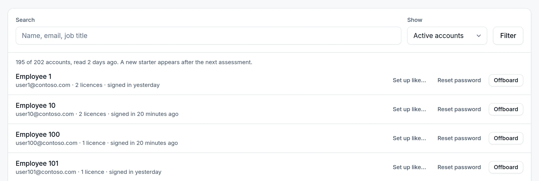 People in a client tenant, each with the actions Set up like…, Reset password and Offboard.