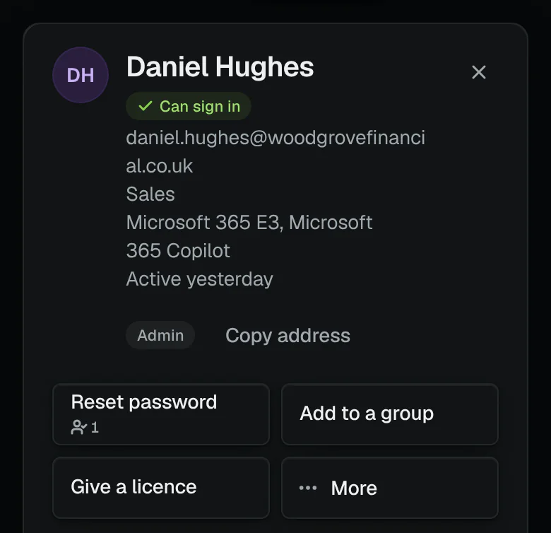 People in a client tenant, one of them chosen: the most used actions are buttons under their name, and More actions shows everything else at once, grouped as access, mail, security and leaver, each that waits for an approver saying how many.