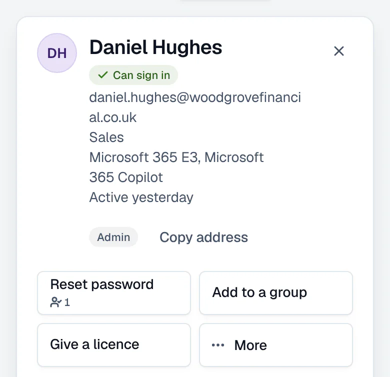 People in a client tenant, one of them chosen: the most used actions are buttons under their name, and More actions shows everything else at once, grouped as access, mail, security and leaver, each that waits for an approver saying how many.