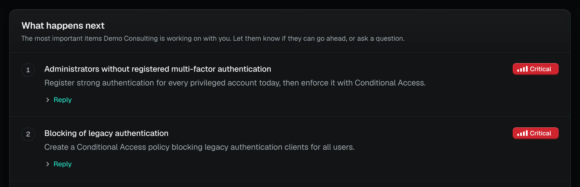 The client portal’s next steps, as the client sees them: the most important items numbered with their severity, each with a Reply link so the client can say go ahead, not now, or ask a question.