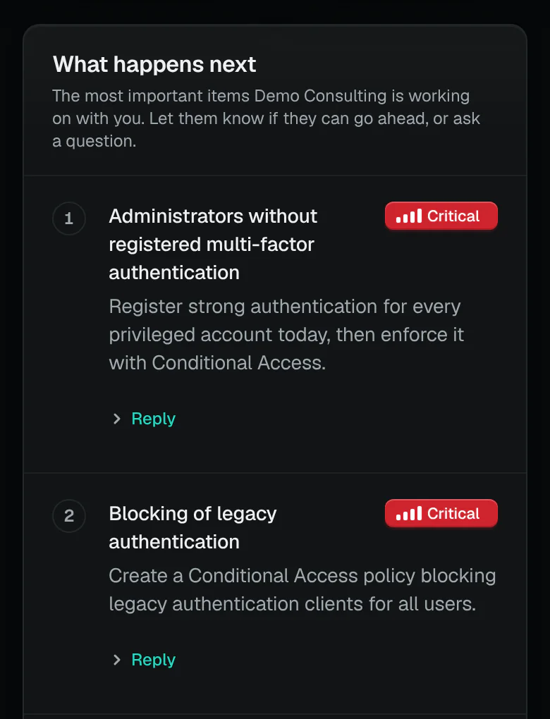 The client portal’s next steps, as the client sees them: the most important items numbered with their severity, each with a Reply link so the client can say go ahead, not now, or ask a question.