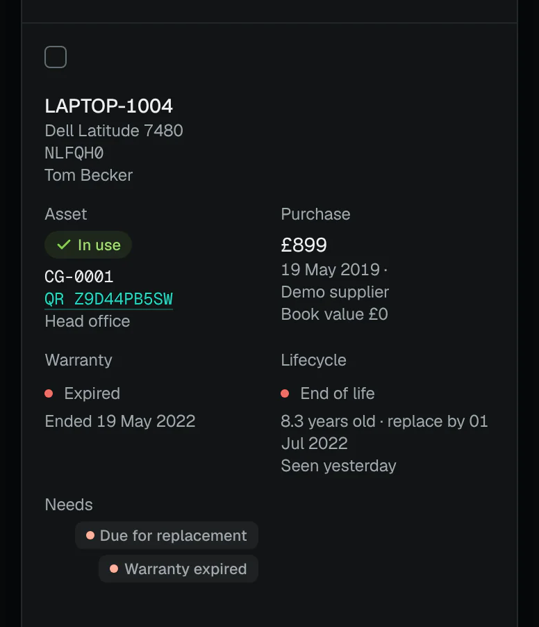 One laptop on the asset register: LAPTOP-1004, in use with tag CG-0001 and its QR code, its purchase price, date and supplier, its book value, its warranty, its lifecycle (end of life, with the date to replace it by) and what it needs.