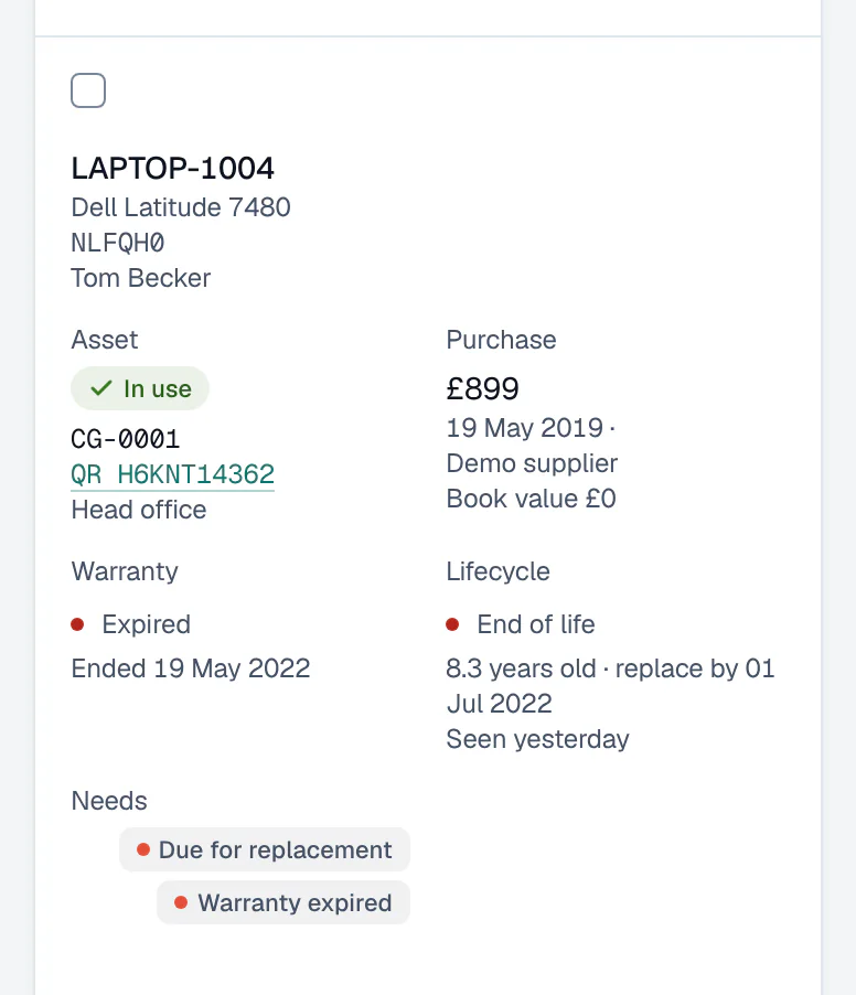 One laptop on the asset register: LAPTOP-1004, in use with tag CG-0001 and its QR code, its purchase price, date and supplier, its book value, its warranty, its lifecycle (end of life, with the date to replace it by) and what it needs.
