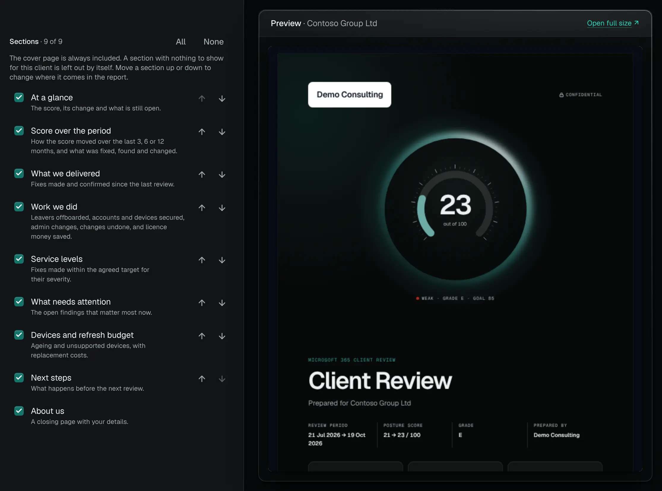 Building a client review for Contoso Group Ltd: the sections to include, each with a tick and buttons to move it up or down, beside a live preview of the report’s cover with the client’s score.