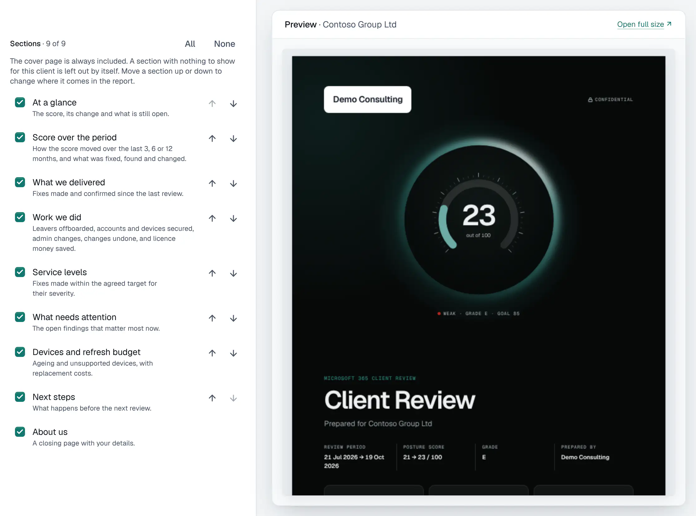 Building a client review for Contoso Group Ltd: the sections to include, each with a tick and buttons to move it up or down, beside a live preview of the report’s cover with the client’s score.
