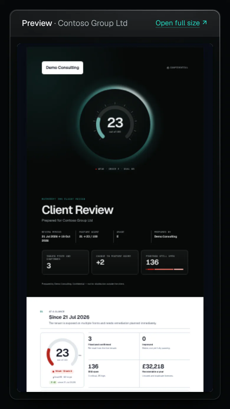 Building a client review for Contoso Group Ltd: the sections to include, each with a tick and buttons to move it up or down, beside a live preview of the report’s cover with the client’s score.