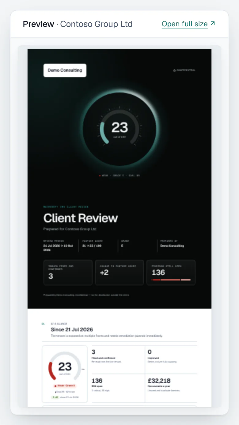 Building a client review for Contoso Group Ltd: the sections to include, each with a tick and buttons to move it up or down, beside a live preview of the report’s cover with the client’s score.