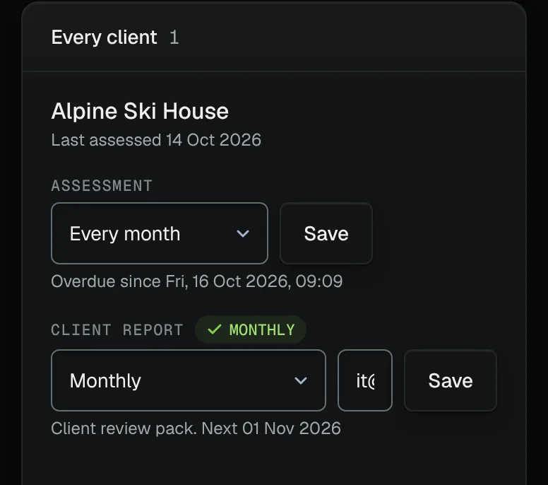 A client’s schedules: Alpine Ski House assessed every month, and its client report sent monthly to it@example.com, with the date of the next one.