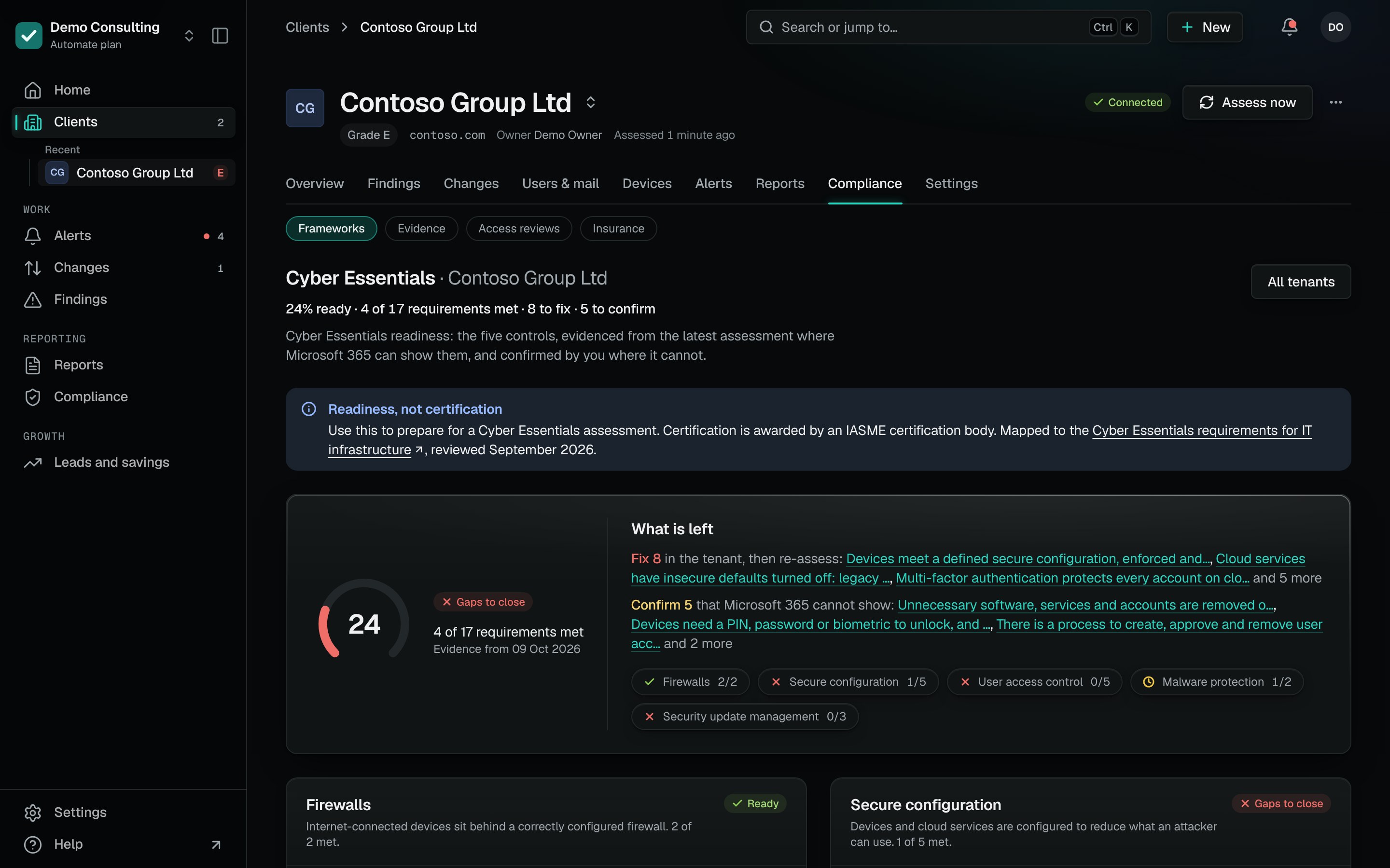 Cyber Essentials readiness for a tenant: the five controls, requirements evidenced from Microsoft 365, and answers recorded by the consultant