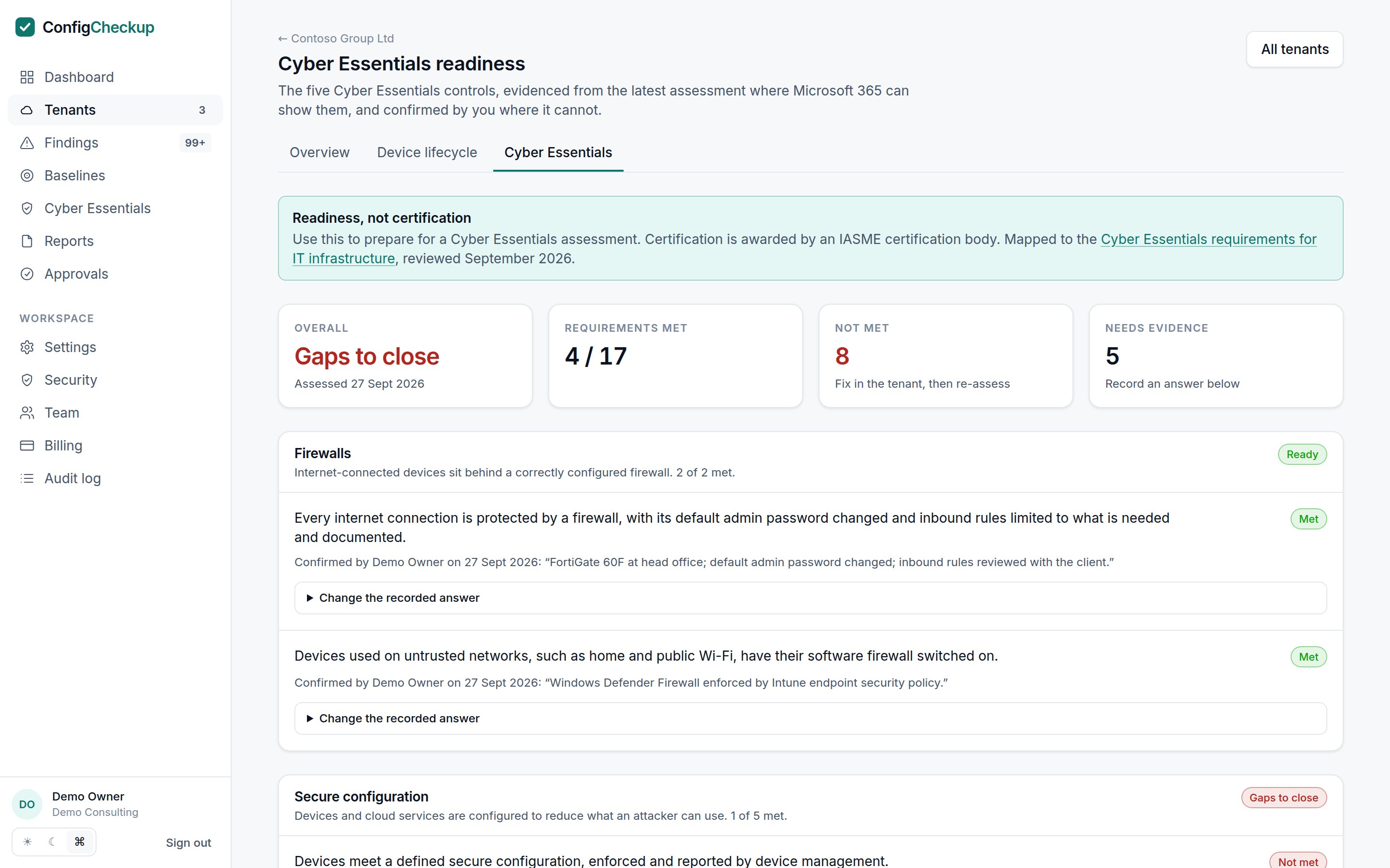 Cyber Essentials readiness for a tenant: the five controls, requirements evidenced from Microsoft 365, and answers recorded by the consultant