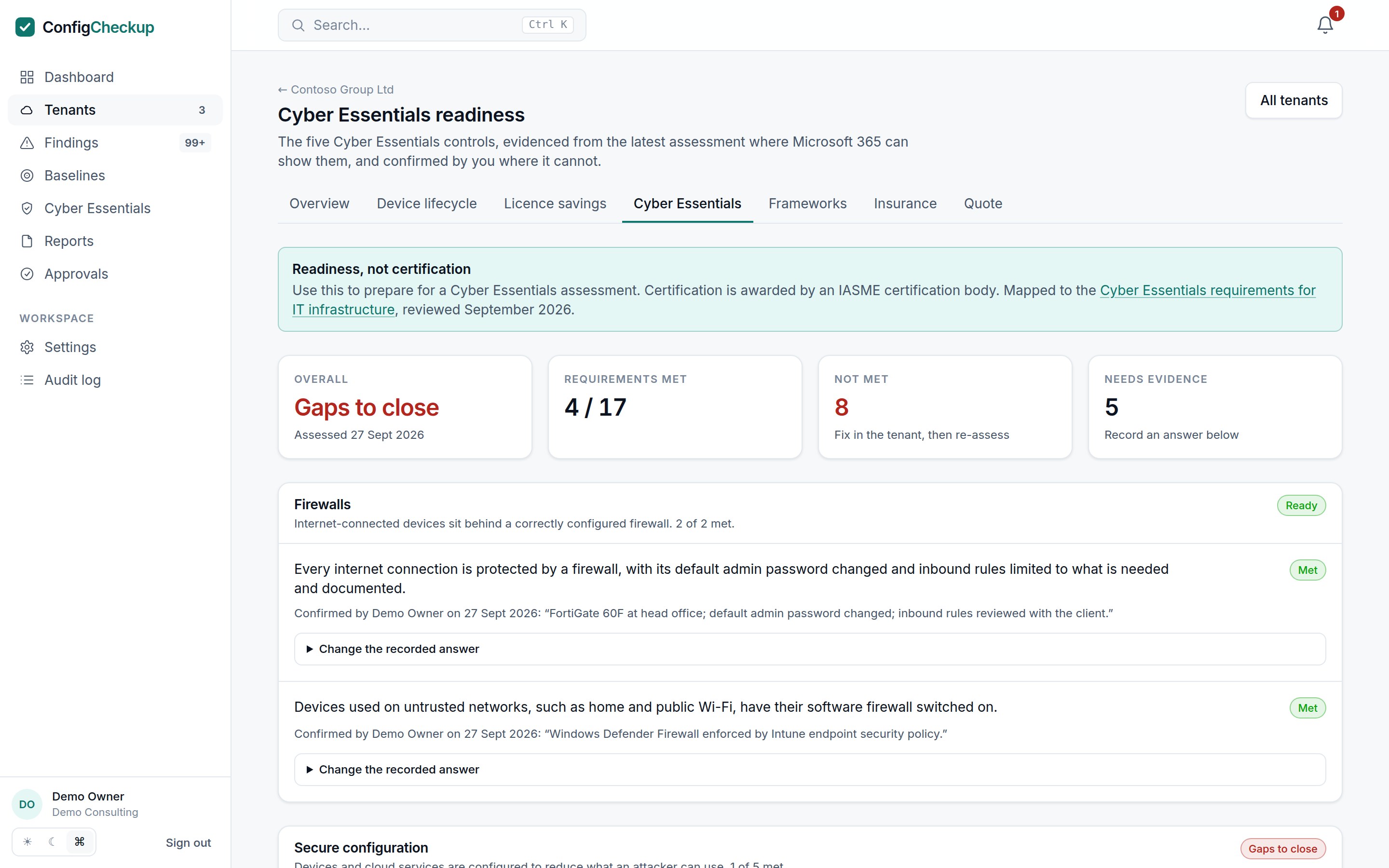 Cyber Essentials readiness for a tenant: the five controls, requirements evidenced from Microsoft 365, and answers recorded by the consultant