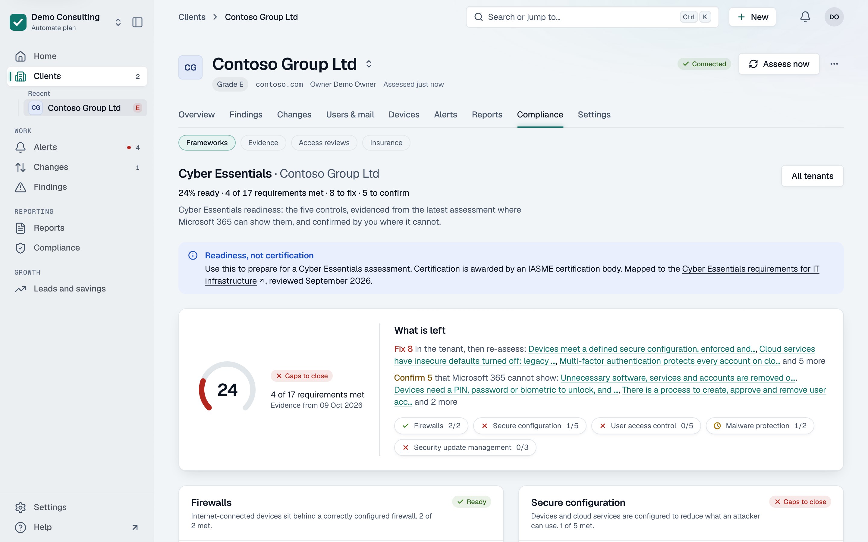 Cyber Essentials readiness for a tenant: the five controls, requirements evidenced from Microsoft 365, and answers recorded by the consultant