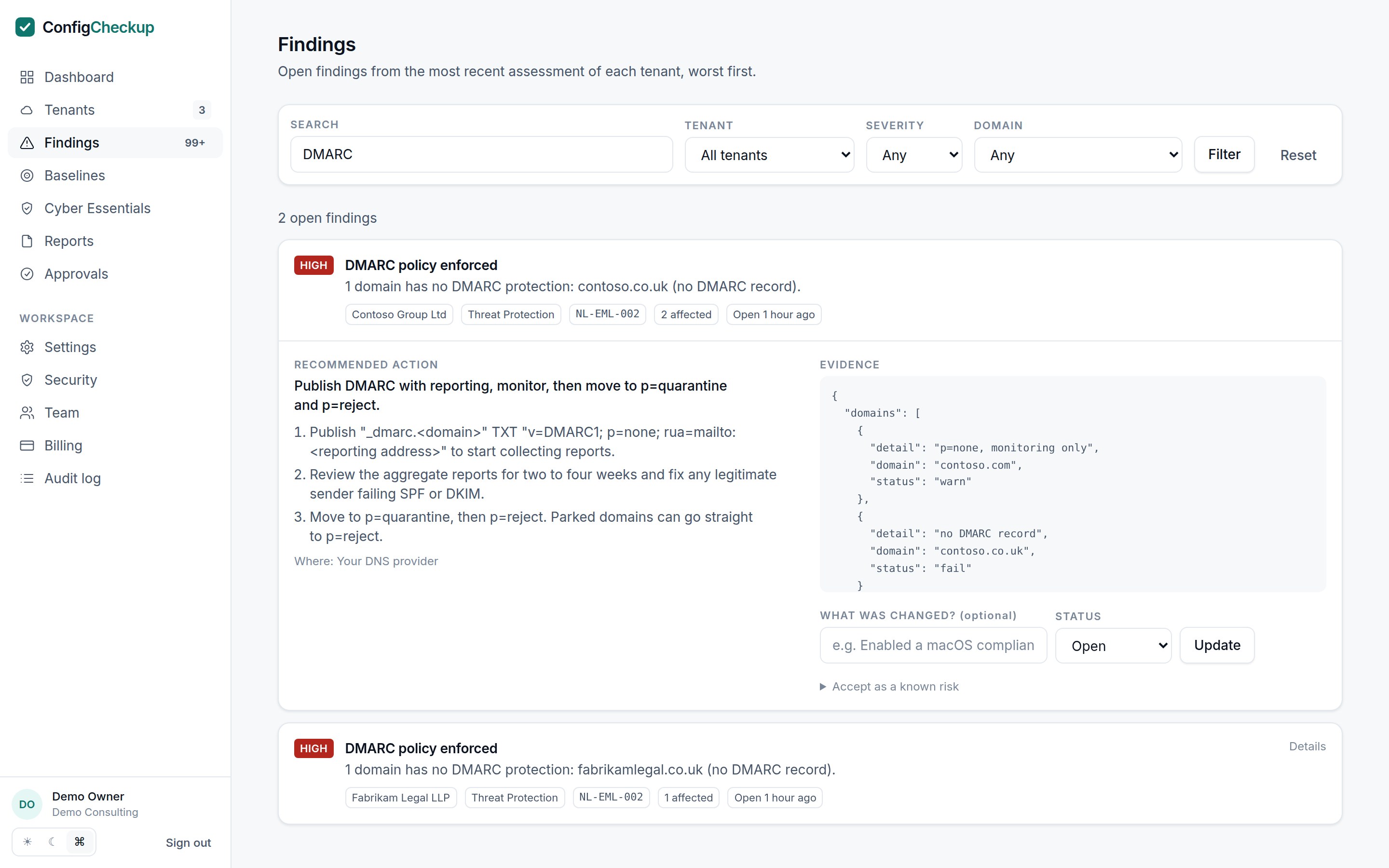 A DMARC finding with remediation steps and the DNS evidence behind it