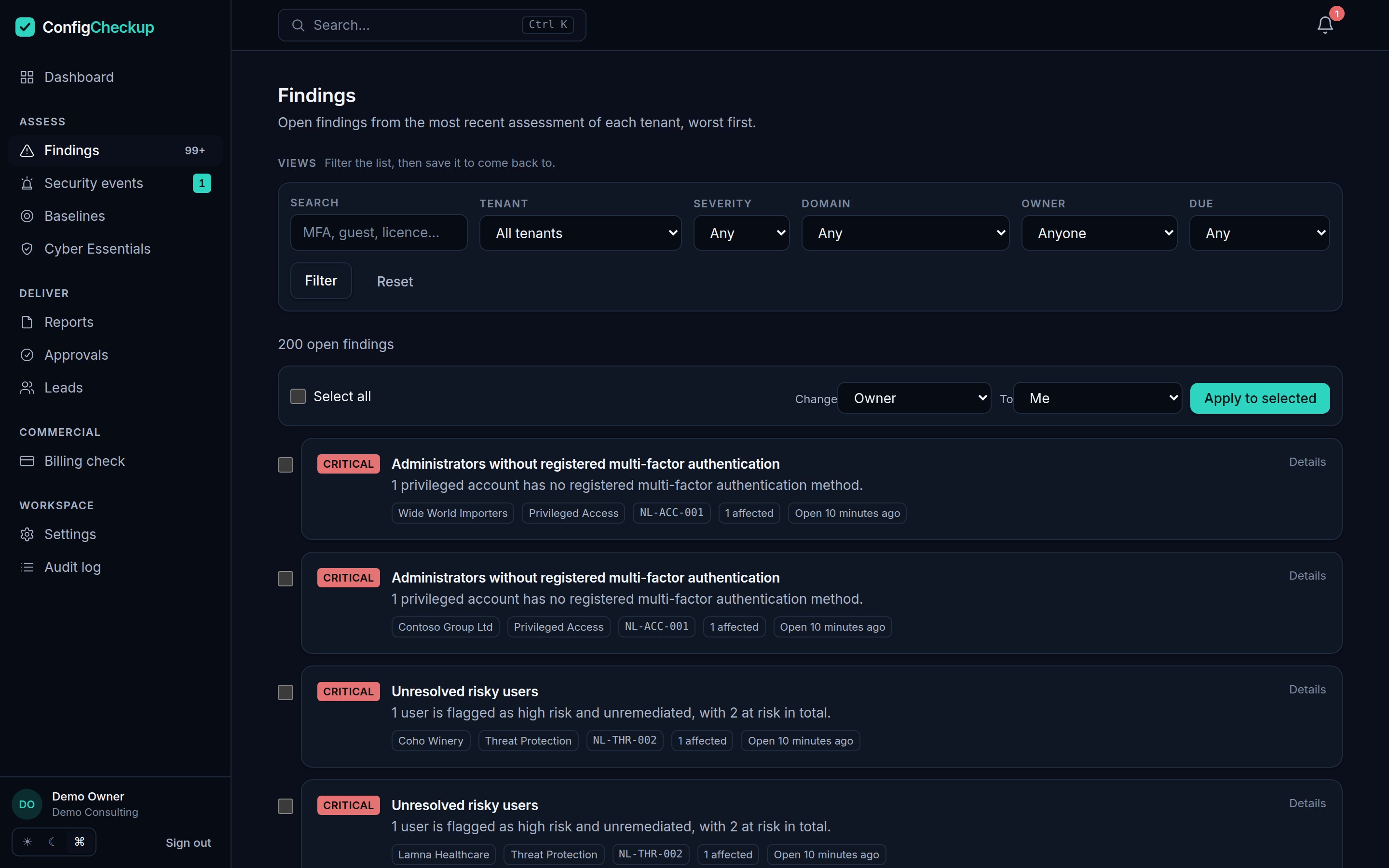 The findings explorer, worst first across every tenant