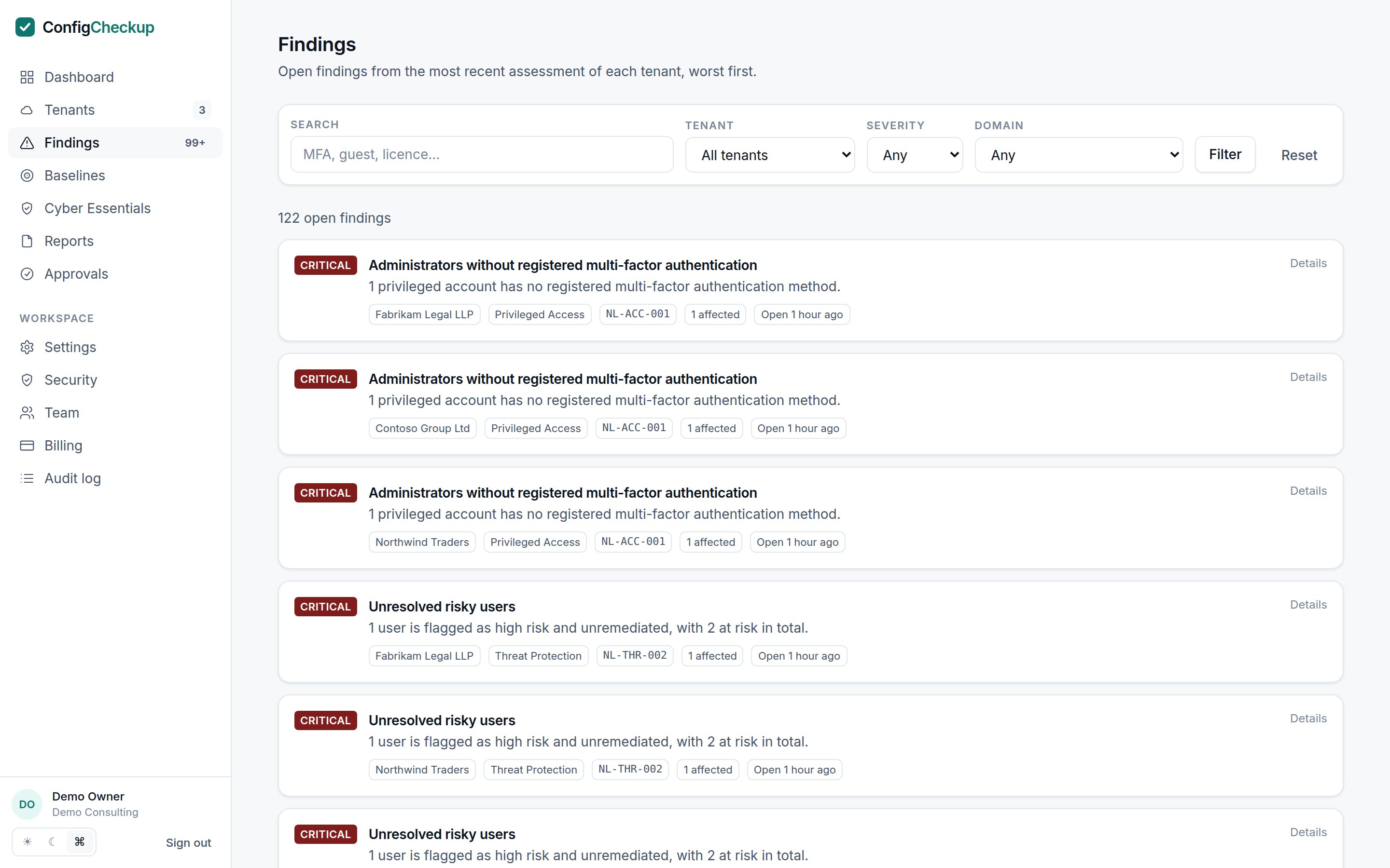 The findings explorer, worst first across every tenant